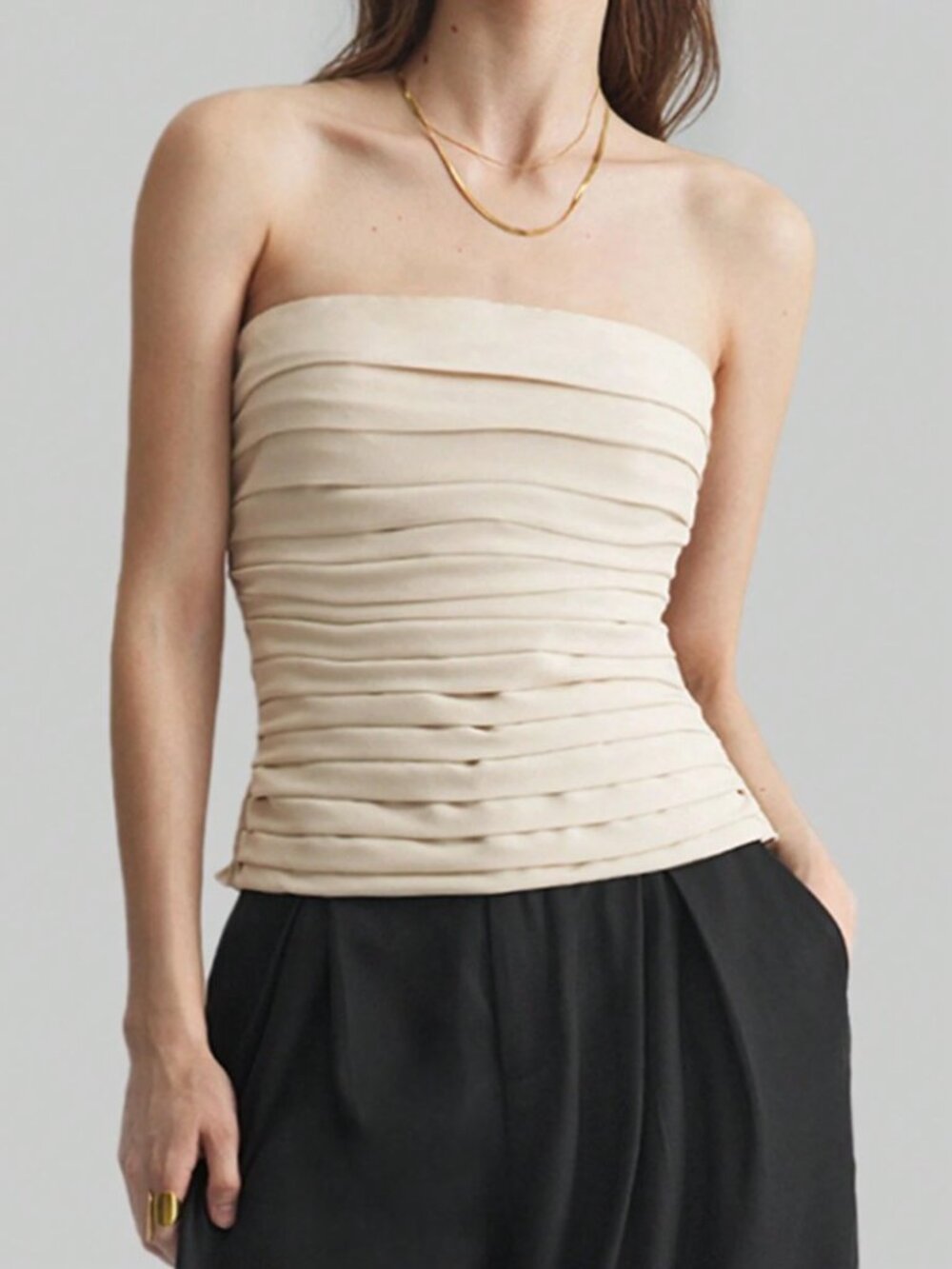 Cream Pleated Strapless Tube Top